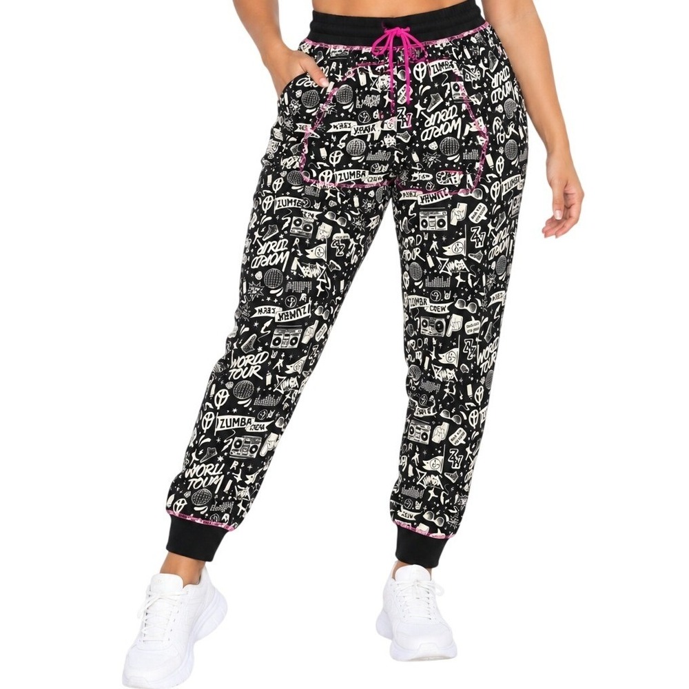 Zumba Sweatpants City Swag Womens Large Black Graffiti Joggers Dance Fitness New